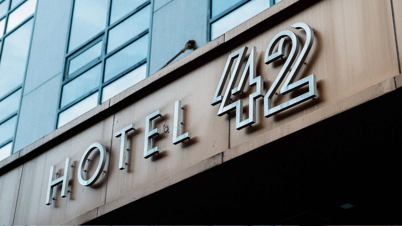 The Hotel 42 sign on the facade of the boutique hotel in South Williamsburg