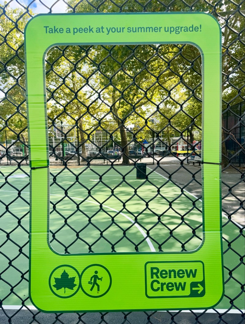 A Renew Crew sign at American Playground in Greenpoint, where NYC Parks is refreshing the play space