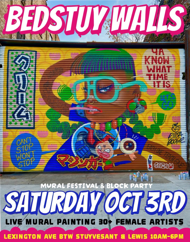Bedstuy Walls 2026 poster over a painted mural, announcing the Mural Festival and Block Party on Saturday, October 3