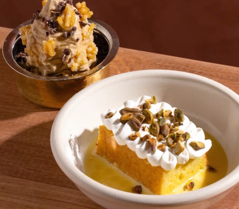 A rasmalai tres leches and a second dessert at Mythily in Williamsburg