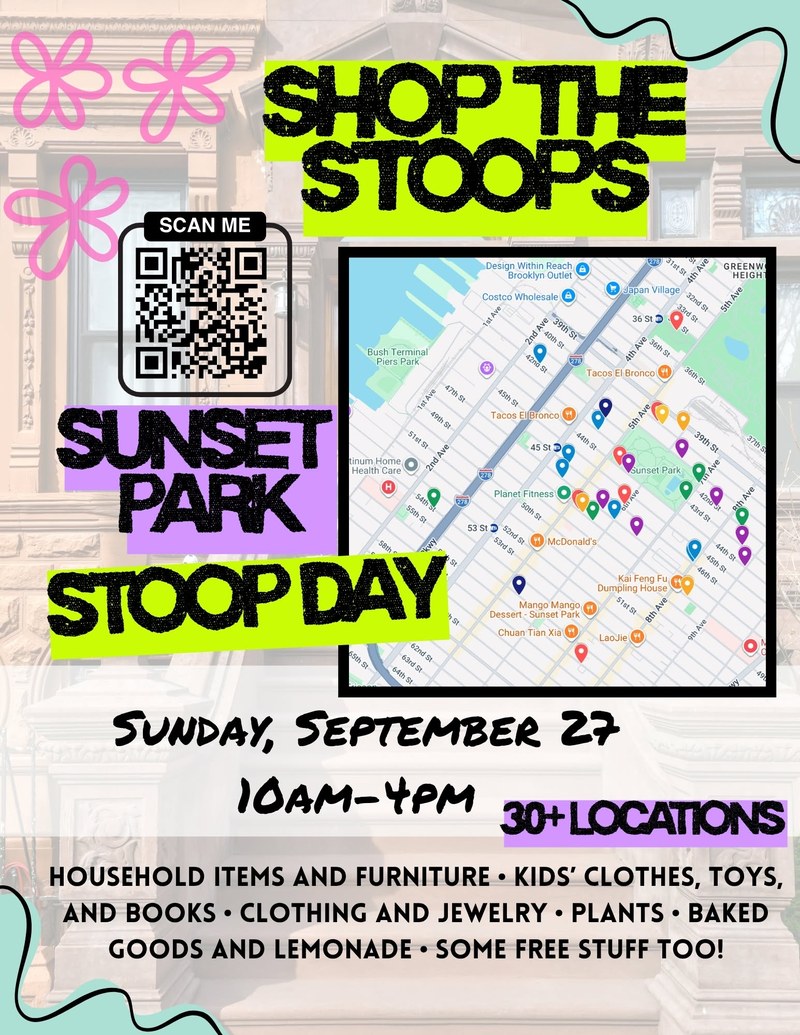 Shop the Stoops flyer for Sunset Park Stoop Day, Sunday September 27, 10am to 4pm, with a map of participating stoops