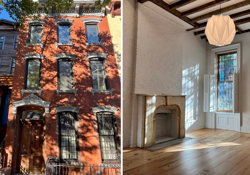 The brick facade and a renovated parlor at 160 Hall Street in Clinton Hill