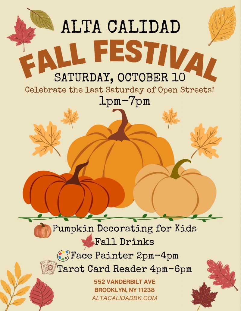 Flyer for the Alta Calidad Fall Festival on Vanderbilt Avenue, Saturday October 10, 1–7pm