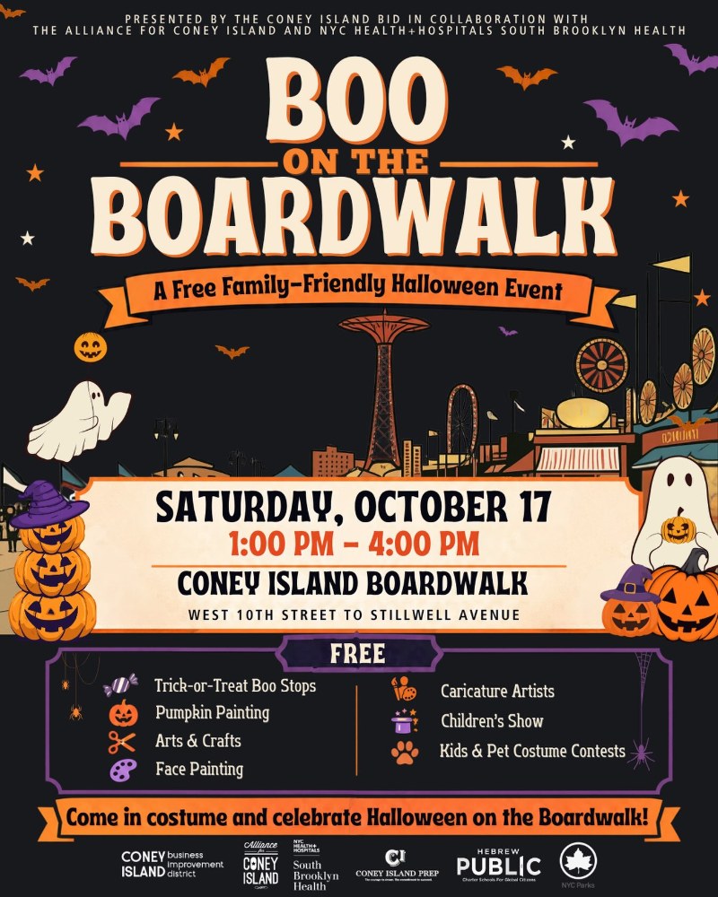 Flyer for Boo on the Boardwalk, a free family Halloween event on the Coney Island Boardwalk, Saturday October 17, 1–4pm