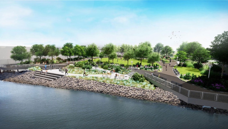 City rendering of Box Street Park in Greenpoint, with an esplanade, lawn and gardens along Newtown Creek