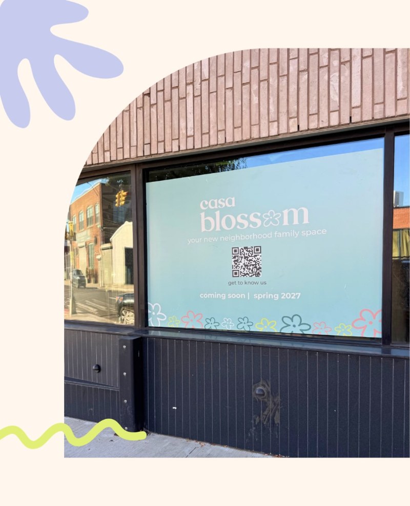 The future Casa Blossom family space at 33 Franklin Street in Greenpoint, with its coming-soon window sign