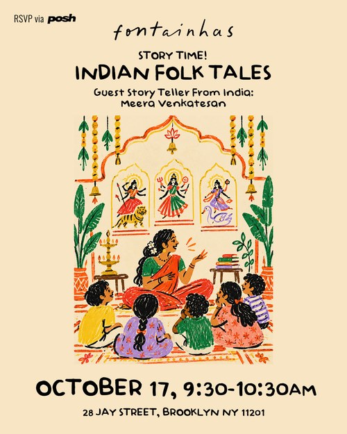 Fontainhas flyer for Indian Folk Tales story time with guest storyteller Meera Venkatesan, October 17
