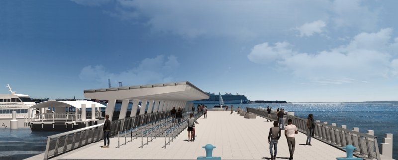 Rendering of the rebuilt Yankee Pier on Governors Island, with a canopy and expanded passenger queuing space