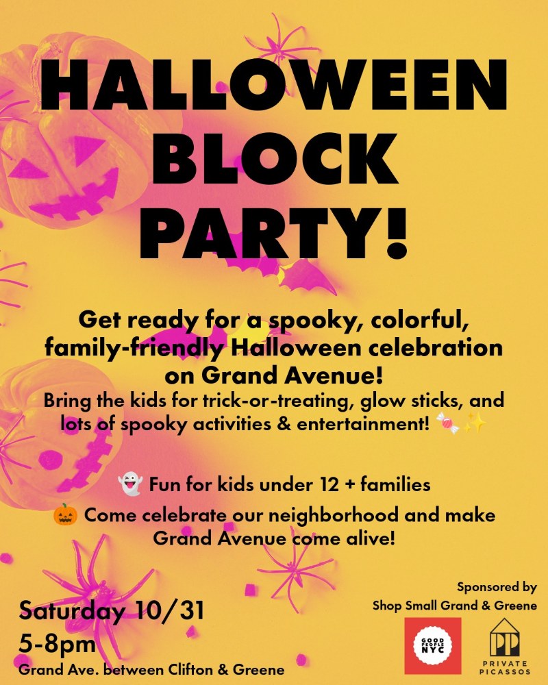 Flyer for the Grand Avenue Halloween Block Party, Saturday October 31, 5–8pm, Grand Avenue between Clifton and Greene