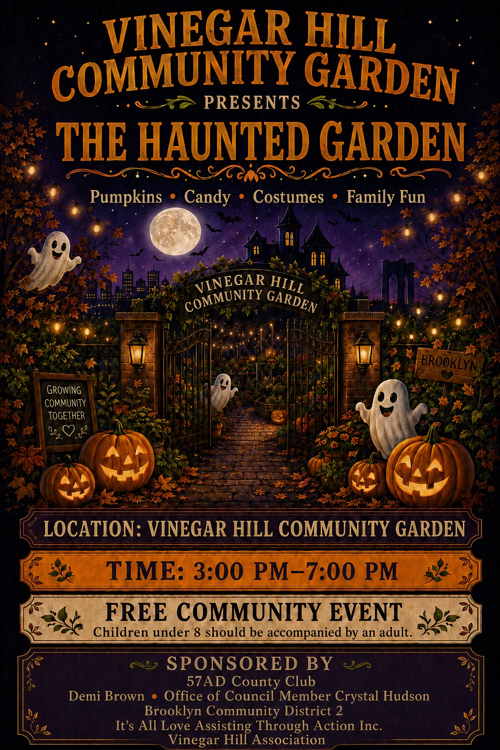 Flyer for The Haunted Garden at Vinegar Hill Community Garden: pumpkins, candy, costumes and family fun, 3–7pm, a free community event