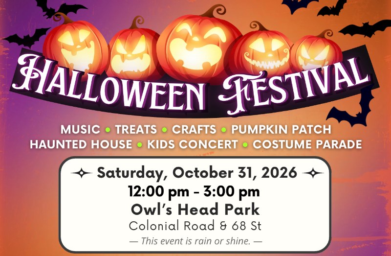 NIA Halloween Festival flyer: Saturday, October 31, 2026, noon to 3pm, Owls Head Park, Colonial Road and 68th Street